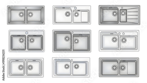 Kitchen Sink Collection with Single and Double Basins CAD Top View Vector Pack for Architectural Floor Plans