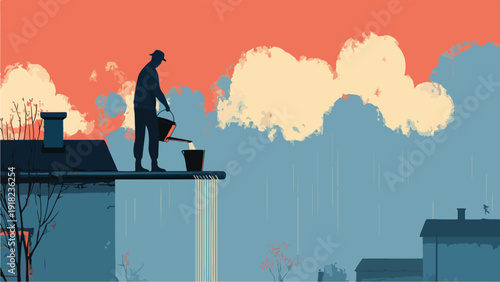 A silhouette of a person on a rooftop pours water from a bucket into another bucket