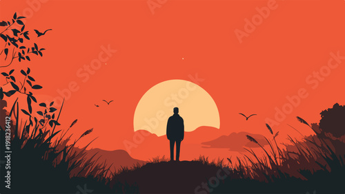A lone figure stands on a hilltop watching a sunset over rolling hills