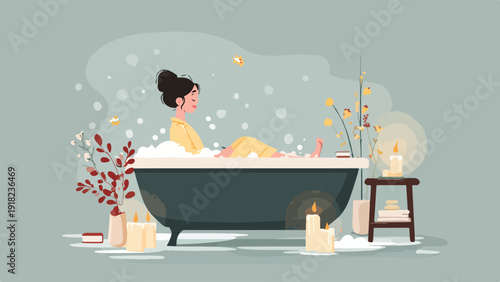 Woman relaxing in a bubble bath with candles and plants