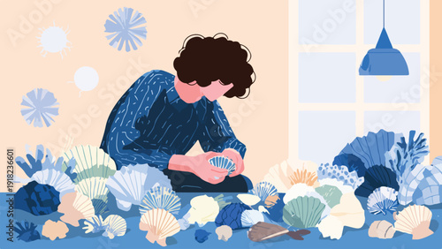 Person with curly hair sorting through a collection of colorful seashells and corals
