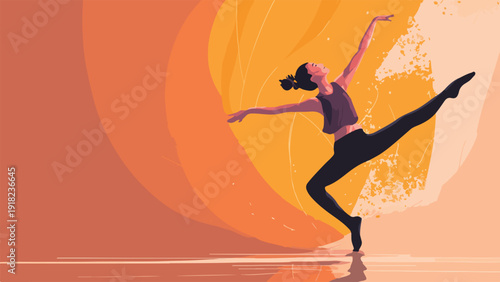 Graceful dancer in a dynamic pose, mid-leap against a warm, abstract background