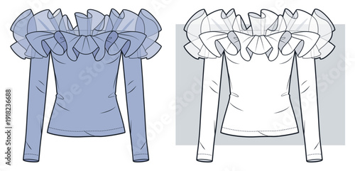 Off Shoulder Blouse with Sheer Ruffles Technical Fashion Illustration. Romantic Jersey Top with Organza Trim Fashion Flat Technical Drawing Template, front view, white, soft blue, women CAD mockup.