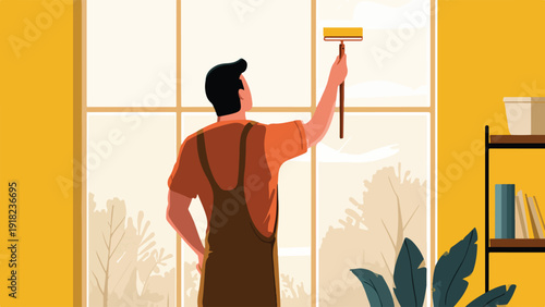 Person cleaning a large window with a squeegee, with trees outside