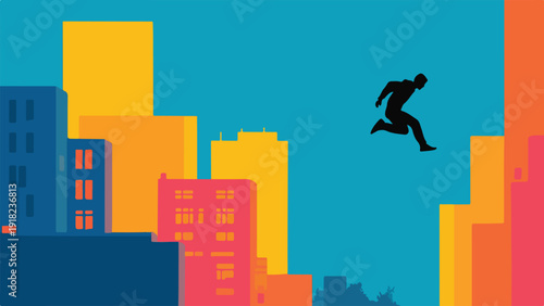 Silhouette of a person leaping between colorful abstract buildings under a bright blue sky