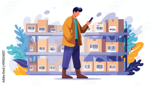 A person is using a smartphone to scan barcodes on boxes in a storage area