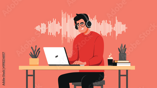 Person with headphones working on laptop with sound waves above