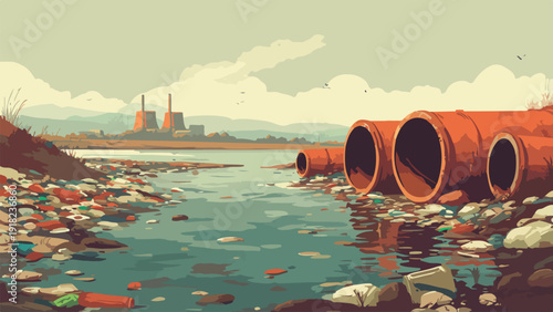 Polluted river with trash and large industrial pipes leading to a distant factory