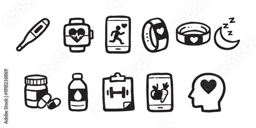 A set of hand-drawn health and fitness doodle icons featuring wearables, medical tools, and wellness concepts in a black and white sketch style.