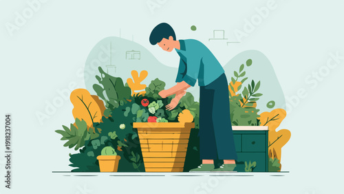 Man tending to a vibrant potted garden with fresh produce visible