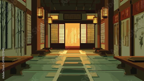 Illuminated hallway of a traditional dwelling with glowing lanterns and open doors