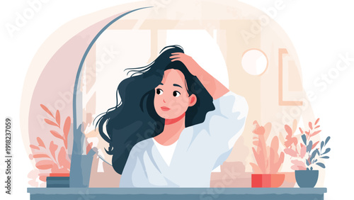 Woman with dark hair touching her head, in a soft pastel-colored room