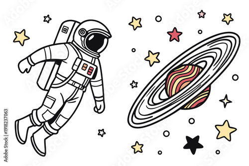Cartoon Astronaut Floating in Space with Ringed Planet and Stars.