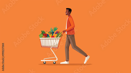 Man pushes shopping cart filled with fresh fruits and vegetables