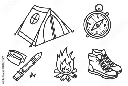 Camping and Outdoor Adventure Essentials Doodle Icons.