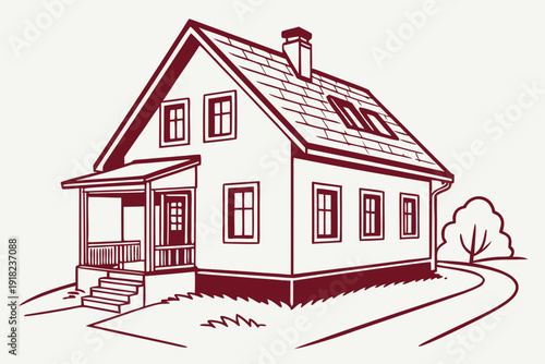 Classic Detached House Line Art Illustration.