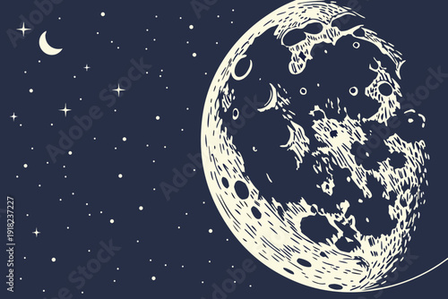 Detailed Moon and Starry Night Sky Illustration.