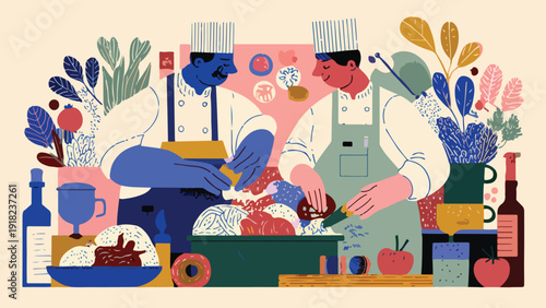 Two chefs in chef hats prepare food with colorful abstract plants and ingredients around them