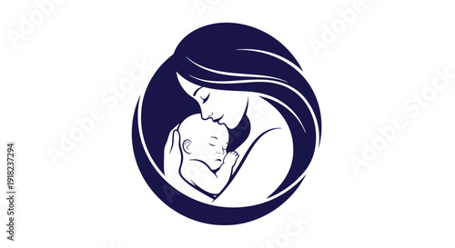 Mother holding baby in a circular emblem.