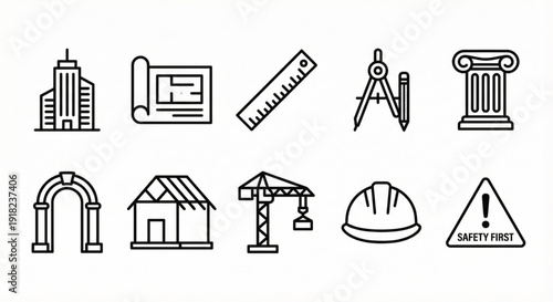 Architecture and Construction Line Icons Set - Building Blueprint Tools Outline Vector Symbols