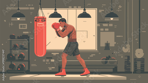 Boxer training with a punch bag in a dimly lit gym
