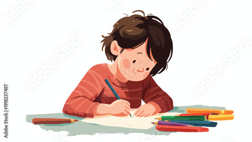A child with brown hair happily draws on paper with crayons
