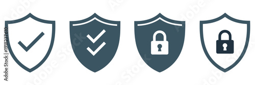 Safety shield vector icon collection, featuring security shields with check marks and padlocks, ideal for privacy protection, cybersecurity, secure access, technology interfaces