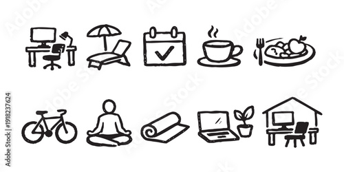 Set of hand-drawn lifestyle and wellness icons including office work, meditation, exercise, and leisure, in a black ink doodle style on white.