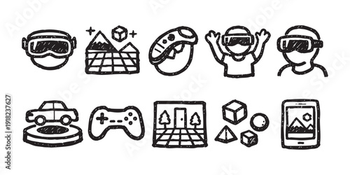 Set of hand-drawn virtual reality and augmented reality icons, including VR headsets, controllers, and 3D environments in a doodle sketch style.