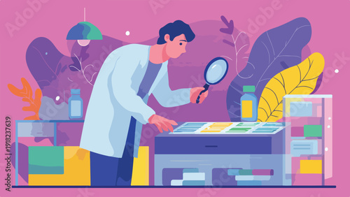 Scientist examining samples under a magnifying glass in a colorful lab with plants