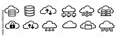 Hand-drawn cloud computing and data storage icon set. Features server, database, security, and network symbols in a minimalist doodle sketch style.