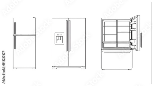 Refrigerator Types Outline Vector Set – Single Door, Double Door and French Door Fridge Plan View Collection