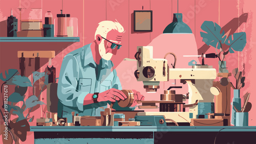 An elderly craftsman works diligently at a workbench with a lathe and various tools