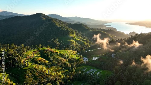 Lush green rice terraces cascade down tropical hillsides at sunrise with
