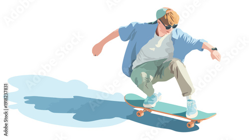 Young person on a skateboard, wearing sunglasses and a cap, performing a trick