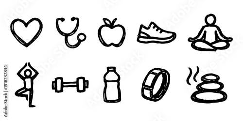 Set of black ink hand-drawn doodles representing fitness, healthy lifestyle, wellness, and medical care on a white background.
