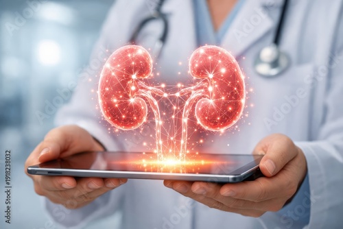 Medical Illustration: A healthcare professional holds a digital tablet displaying an illuminated representation of healthy kidneys.