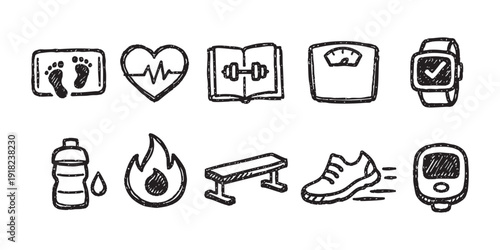 Hand-drawn doodle fitness and health icons featuring a heart rate monitor, running shoe, water bottle, weight scale, and gym equipment.