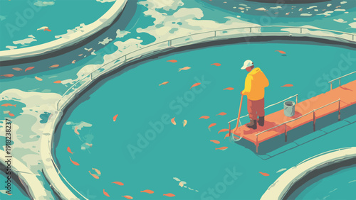 A person in yellow jacket and cap uses a net in a fish farm, with many orange fish swimming