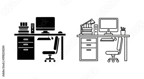 Modern office desks with computer and chair in simple line drawing style Vector