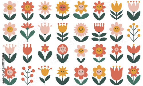 A charming collection of smiling retro flowers in diverse shapes and soft pastel colors, radiating joy with bright, flat light on a clean white.
