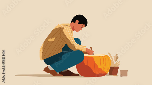Person carving a pumpkin with a tool in a simplified illustration