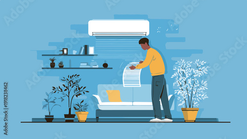 Person adjusts air conditioner with blinds on window, indoor plants, sofa