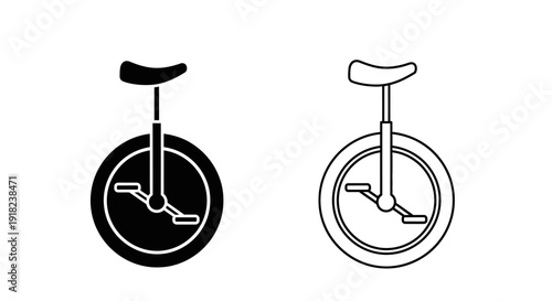 Unicycles with different wheel designs, black and white illustration, vector art Vector
