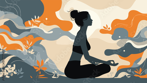 Silhouette of a woman meditating amidst abstract organic shapes and foliage in muted tones