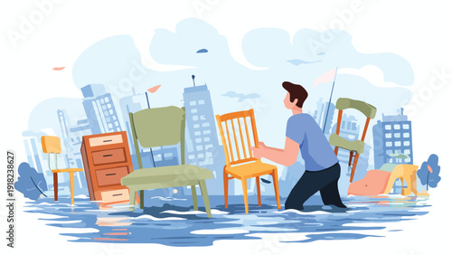 A man wades through flooded city streets, moving chairs, a dresser, and other furniture