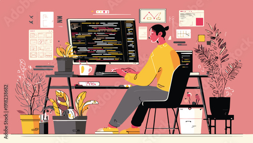 Minimalist illustration of a coder working at a desk with plants