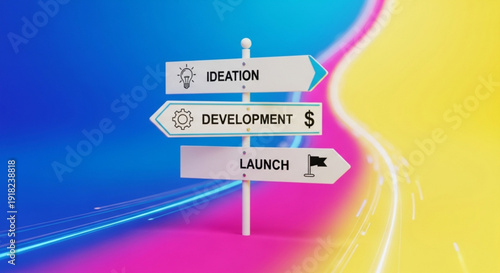 Business strategy signpost with ideation development and launch arrows on colorful background