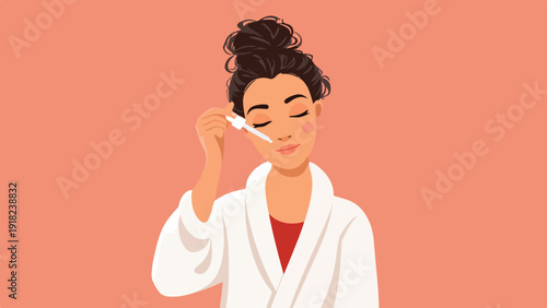 Woman applies serum with a dropper, wearing a white robe and red shirt