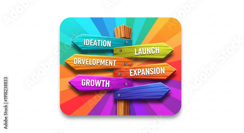 Colorful business strategy signpost with growth development and launch arrows on a vibrant background